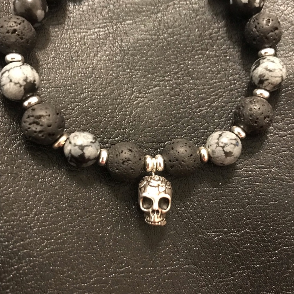 Silver Skull Gemstone Bracelet Unisex Bracelet Grounding Protection Bracelet